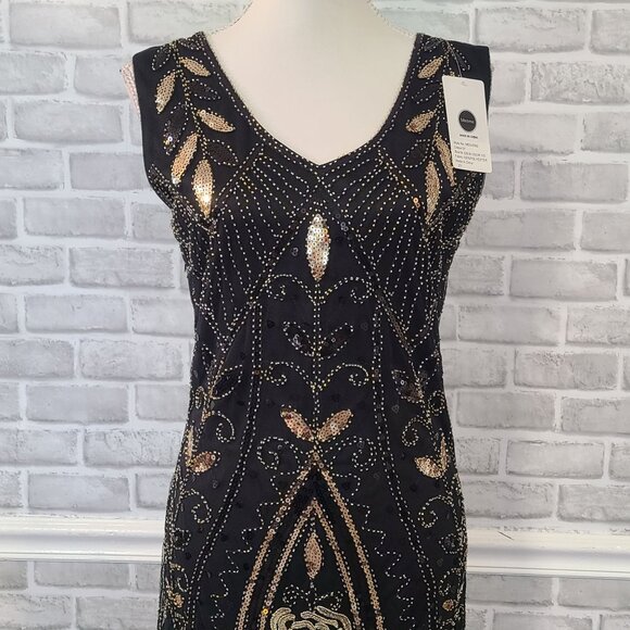 Black Beaded Sequined Dress Fringed Gatstby Flapper 20s Cosplay NEW Med Metme - Picture 4 of 10